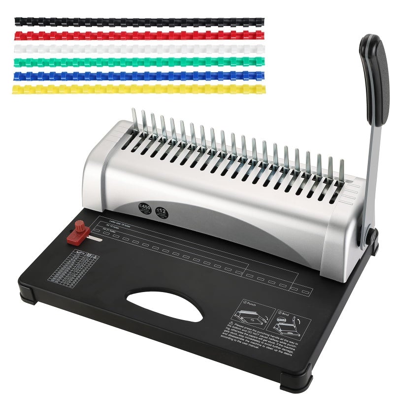 ATPEAM Comb Binding Machine 21Holes 450 Sheets Capacity with 100 PCS 38 Spines Comb Binding Machine for Letter Size A4 A5