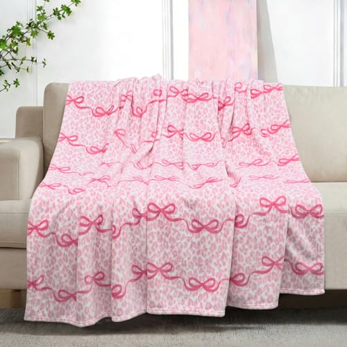 VigorSpring Pink Leopard Bow Blanket - 50x60 Inch,Valentines Day Throw Blanket, Super Soft Warm for Bed Sofa Couch, Coquette Aesthetic Home Decor, Ideal Gift for Girls Women - Image 1