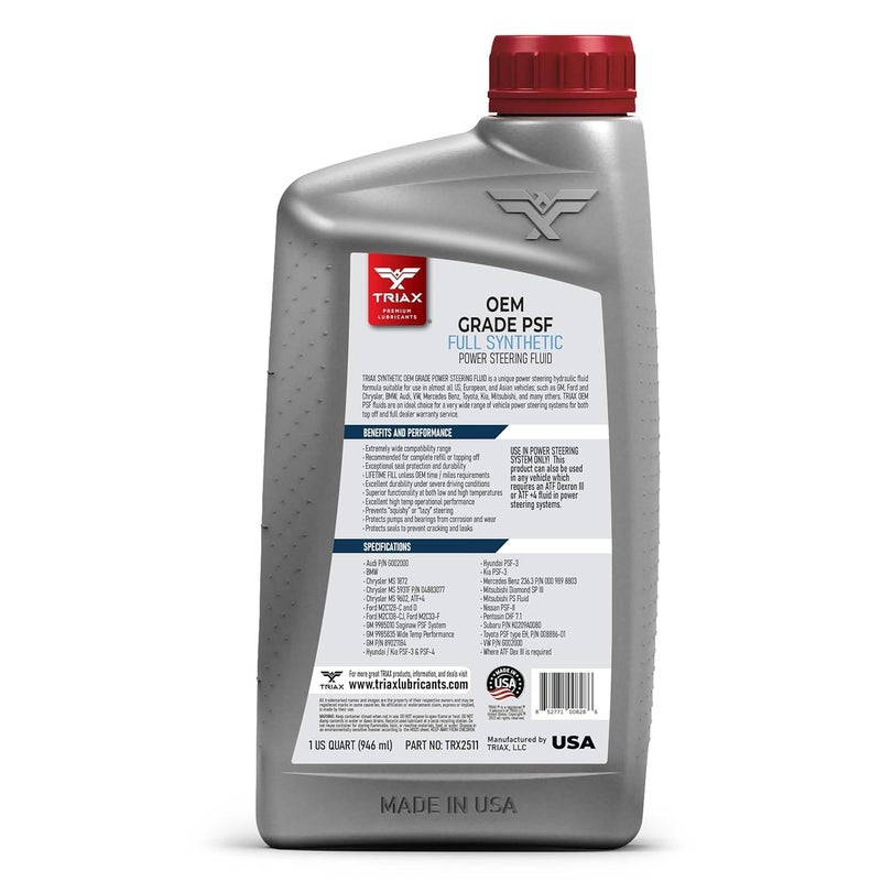 TRIAX Synthetic OEM Grade Power Steering Fluid, Universal, Arctic Grade -50 Cold Flow, Fits Most Asian, US, and European Cars, Full Synthetic with Esters, Widest Spec Application (1 Quart) - Image 2