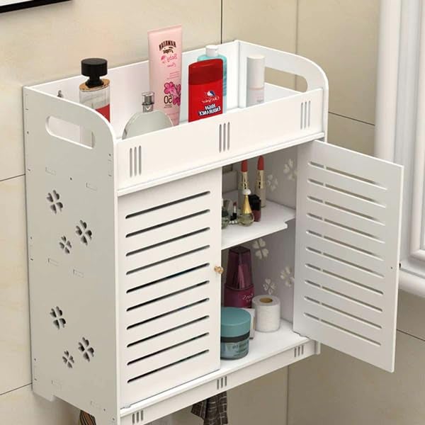 Peelorange Wall Mounted PVC Waterproof Bathroom Storage Over The Toilet Cabinet (8 Inches Depth) Wooden Wall Shelf (Number of Shelves - 5, White) - Image 1