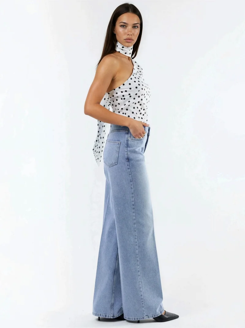 Hiccup Light Blue Denim Wide Leg Raw Denim Jeans for Women | Best Price UAE