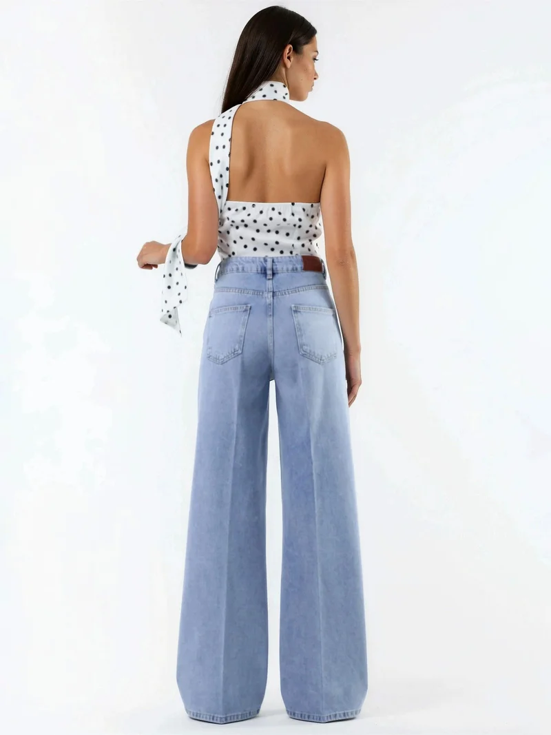 Hiccup Light Blue Denim Wide Leg Raw Denim Jeans for Women | Best Price UAE