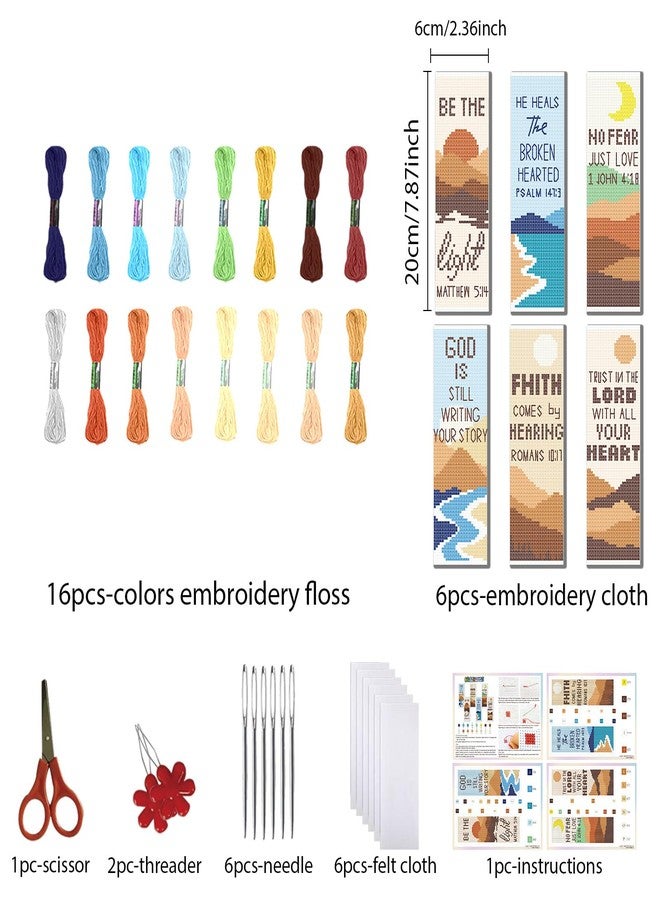FREEBLOSS 11CT 6 Set Cross Stitch Bookmark Kit Landscape Stamped Embroidery Bookmark Kit with Instructions 6 Back Felt Bookmarks Making Set for Adults Book Lovers, 8"x2.4" - Image 2