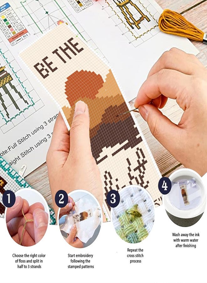FREEBLOSS 11CT 6 Set Cross Stitch Bookmark Kit Landscape Stamped Embroidery Bookmark Kit with Instructions 6 Back Felt Bookmarks Making Set for Adults Book Lovers, 8"x2.4" - Image 4