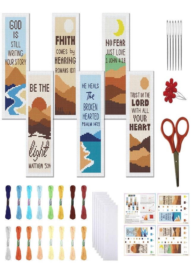 FREEBLOSS 11CT 6 Set Cross Stitch Bookmark Kit Landscape Stamped Embroidery Bookmark Kit with Instructions 6 Back Felt Bookmarks Making Set for Adults Book Lovers, 8"x2.4" - Image 1