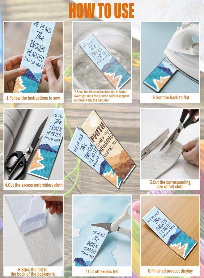 FREEBLOSS 11CT 6 Set Cross Stitch Bookmark Kit Landscape Stamped Embroidery Bookmark Kit with Instructions 6 Back Felt Bookmarks Making Set for Adults Book Lovers, 8"x2.4" - Image 5