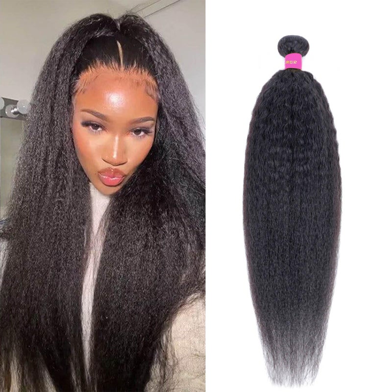 DAIMER Yaki Straight Human Hair Bundles Hair Weave Brazilian Kinky Straight Hair Bundles sew in Real Unprocessed Virgin Hair Weft Relaxed Hair Extensions 18 Inch - Image 1