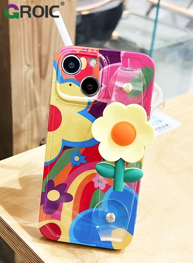 GROIC Compatible with iPhone 15 Case 6.1 Inch,Crossbody Phone Cover with Strap and Wrist Band Kickstand, Unique Cute Kawaii Colorful Painting Flowers Design Phone Shell for iPhone 15 - Image 2