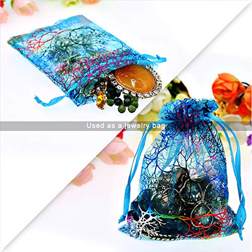 SumDirect 100Pcs Blue Organza Drawstring Bags Jewelry Pouches, Coralline Pattern Candy Chocolate Party Christmas Wedding Favor Gift Bags,3.5x4.7inches - Image 5