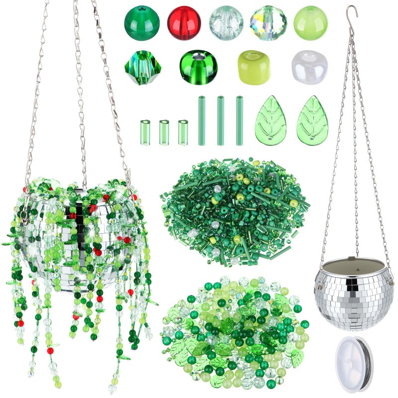 Potchen 1260 Pcs DIY Beaded and Planter Set, Glass Beaded Plant Making Kit with Hanging Rope Green Nature Series Colorful Crystal Leaf Jewelry Beads for Planer Crafts (Disco) - Image 1