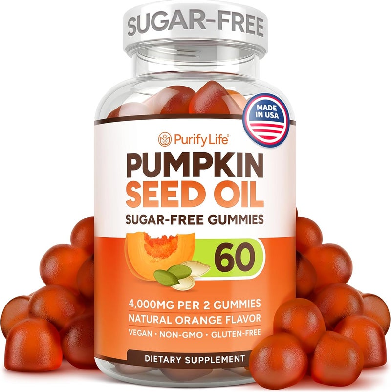 Purify Life جواهر زيت بذور اليقطين الخالية من السكر 4000 ملغ لكل حصة لزيت بذور اليقطين لنمو الشعر والبشرة الشابة وصحة البروستاتا والدعم المناعي ودعم المسالك البولية مصدر طبيعي للأحماض الدهنية الأساسية 60 مضغّة - Image 1