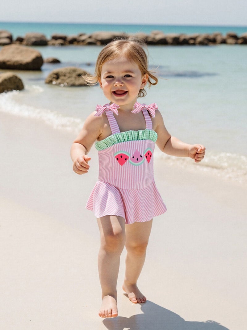 Toddler Girl Swimsuit Cute Watermelon Print Sleeveless Tie Shoulder Bathing Suit Baby Swimwear - Image 1