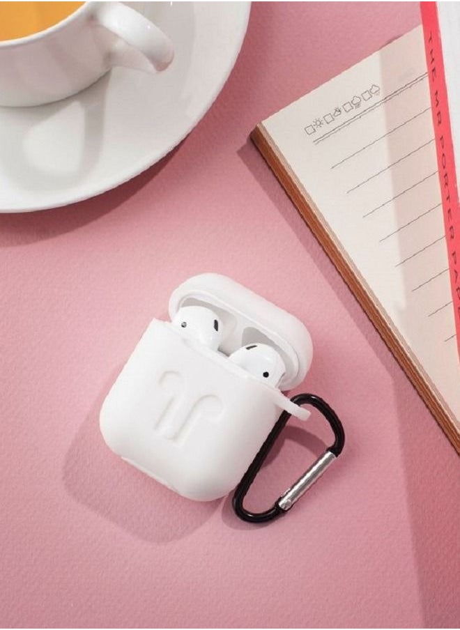 CATANES - Airpods 1/2 Protective Case Slim Shockproof Silicone Cover with Keychain Carabiner Compatible with Apple Airpods 1st and 2nd Generation White - Image 1