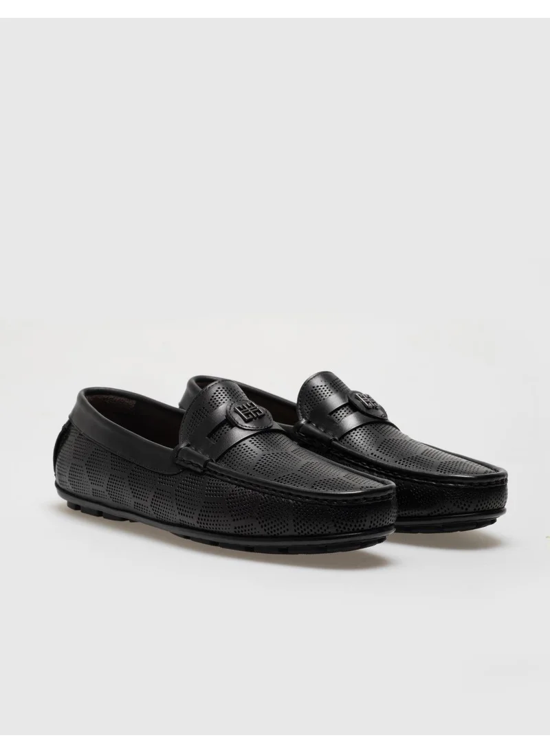 Cabani Leather Black Patterned Buckle Men's Laceless Loafer