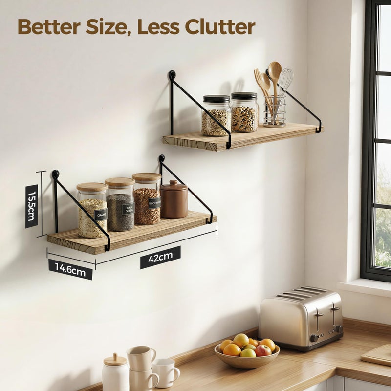 Afuly Floating Wall Shelves Rustic Wall Mounted Hanging Shelf Farmhouse Wall Bookshelf for Bathroom Kitchen Dining Living Room Wood Metal Organizers, Set of 2 - Image 2