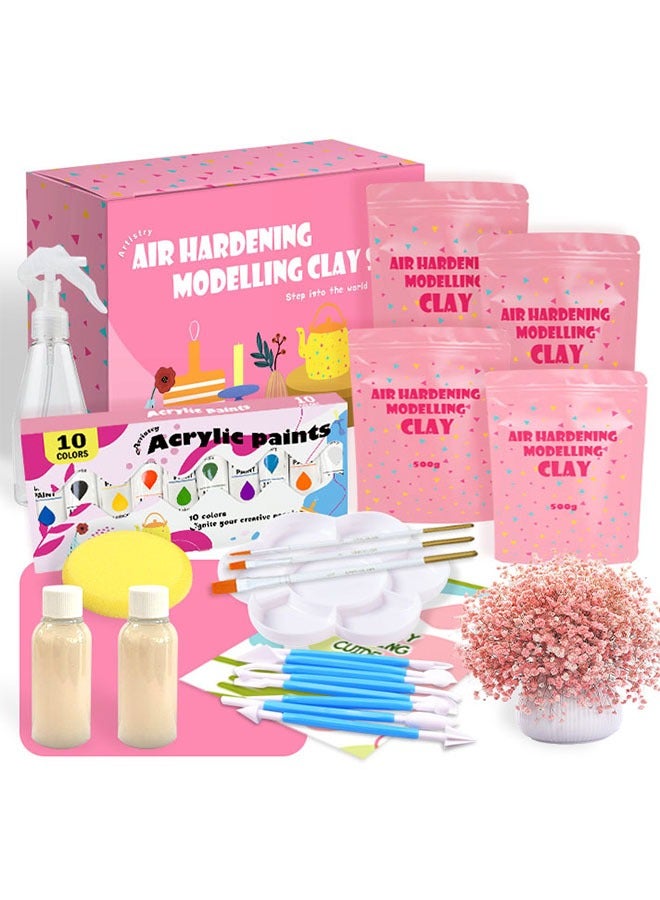 Beauenty Air Dry Clay Kit for kids, Pottery Craft Kit for Beginners, Sculpting Tools Set & Step-by-Step Guide, 2kg clays, 10 Paints, Paintbrush, Varnish, Sponge - Crafts for kids for Birthdays Gift（Pink) ﻿  - Image 1