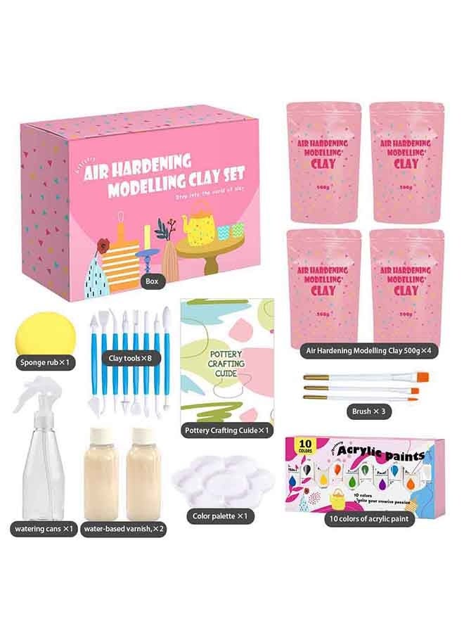 Beauenty Air Dry Clay Kit for kids, Pottery Craft Kit for Beginners, Sculpting Tools Set & Step-by-Step Guide, 2kg clays, 10 Paints, Paintbrush, Varnish, Sponge - Crafts for kids for Birthdays Gift（Pink) ﻿  - Image 2