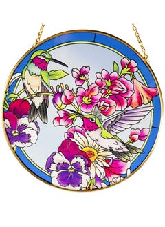 Excefore Round Hummingbird Stained Glass Window Hangings, Suncatcher for Window with Metal Chain, Hand-Painted Glass Panel Decor, for Bird Lovers Gift, for Mom, Grandma, Teacher (6.5×6.5”)  - Image 1