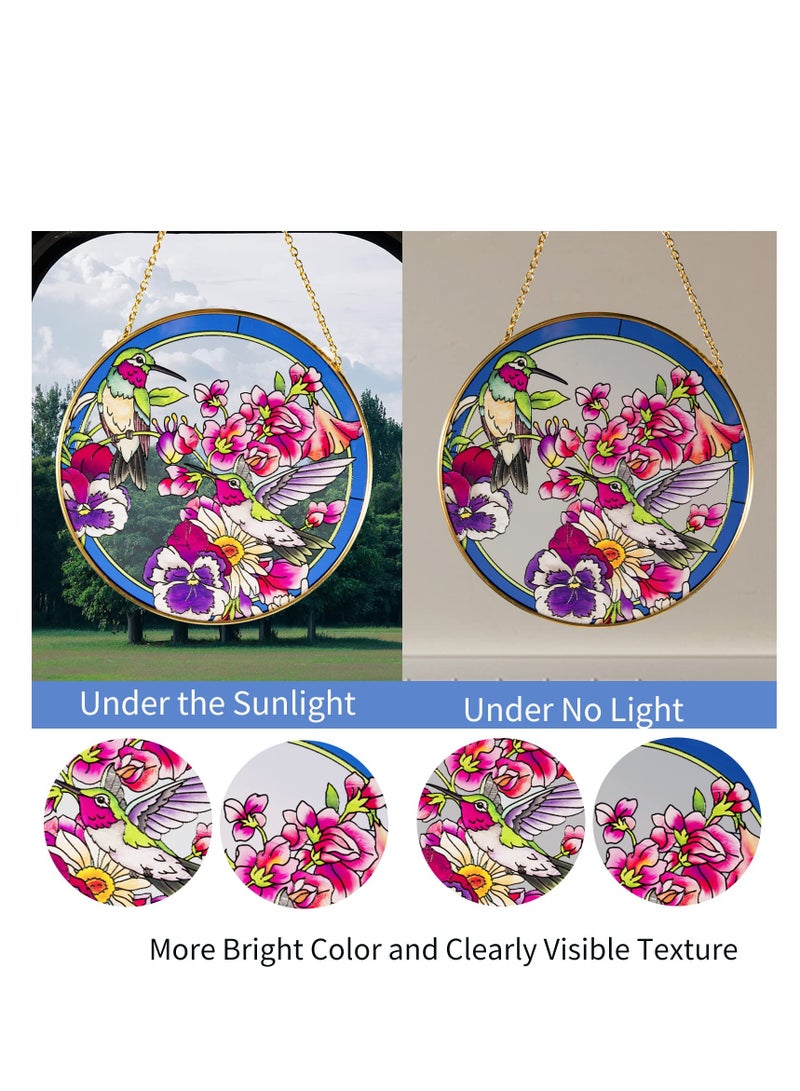 Excefore تعليق نافذة زجاج ملون على شكل طائر الطنان دائري، كatcher للشمس للنافذة بسلسلة معدنية، لوحة زجاجية مطلية يدويًا للديكور، هدية لمحبي الطيور، للأم، الجدة، المعلم (6.5×6.5 بوصة) - Image 4