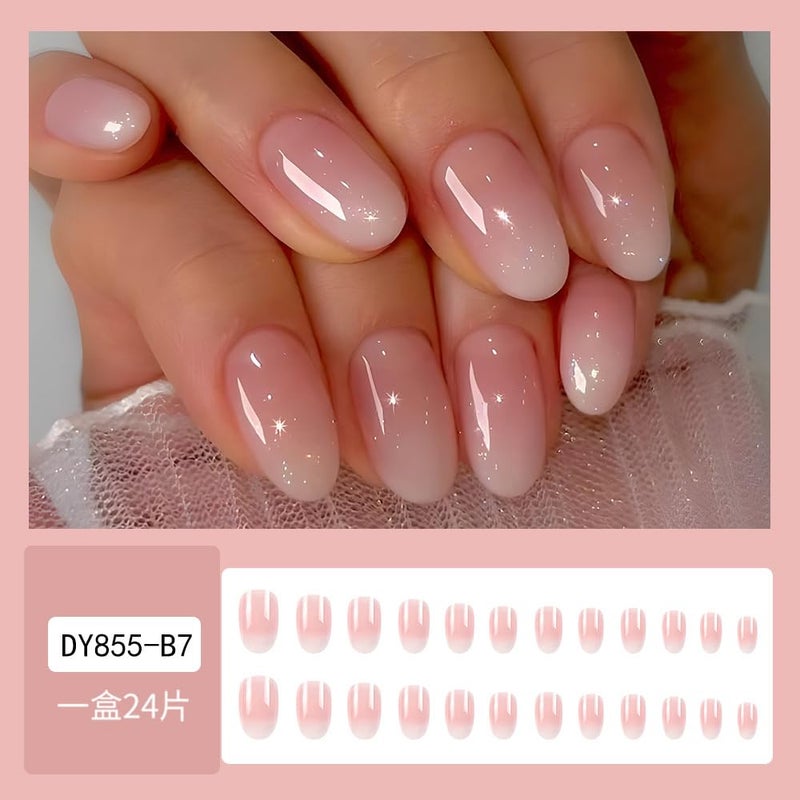 Sevgob Short Almond Nails - 24pcs Nude & Gradient Pink Ombre Fake Nails - Press On, Glue On, Reusable Acrylic - Glossy Finish - Image 2
