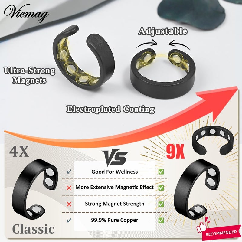Vicmag 2PCS Magnetic Copper Rings for Women & Men,99.99% Pure Copper Ring with 9X Magnets Gift Adjustable(9X Black) - Image 3