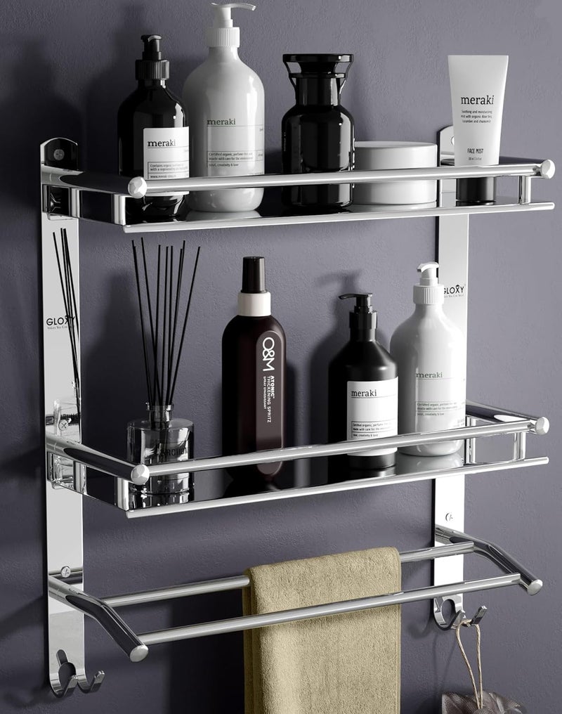 GLOXY Stainless Steel Washroom Storage Organizer | Double Layer Wall Mounted Bathroom Shelf with Towel Rod | Bathroom Accessories for Storage and Organization – Chrome Finish (15W x 5D x 18H in) - Image 1