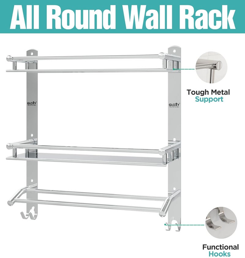 GLOXY Stainless Steel Washroom Storage Organizer | Double Layer Wall Mounted Bathroom Shelf with Towel Rod | Bathroom Accessories for Storage and Organization – Chrome Finish (15W x 5D x 18H in) - Image 4