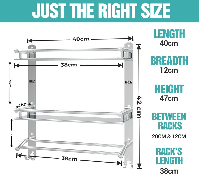 GLOXY Stainless Steel Washroom Storage Organizer | Double Layer Wall Mounted Bathroom Shelf with Towel Rod | Bathroom Accessories for Storage and Organization – Chrome Finish (15W x 5D x 18H in) - Image 2