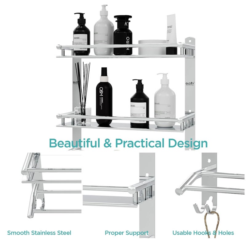 GLOXY Stainless Steel Washroom Storage Organizer | Double Layer Wall Mounted Bathroom Shelf with Towel Rod | Bathroom Accessories for Storage and Organization – Chrome Finish (15W x 5D x 18H in) - Image 3