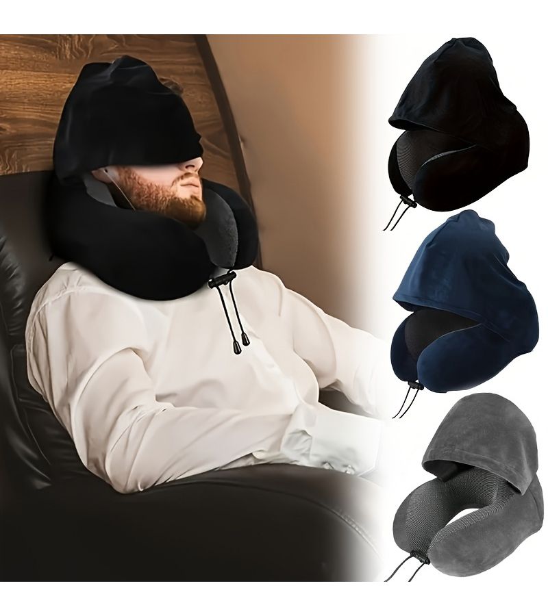 Grey Adjustable U Shaped Travel Neck Pillow Ergonomic Soft Polyester Hood Car Plane Office Outdoor - Image 1