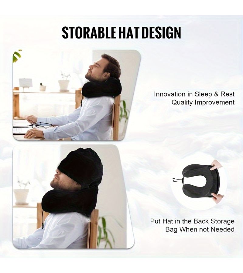 Grey Adjustable U Shaped Travel Neck Pillow Ergonomic Soft Polyester Hood Car Plane Office Outdoor - Image 3