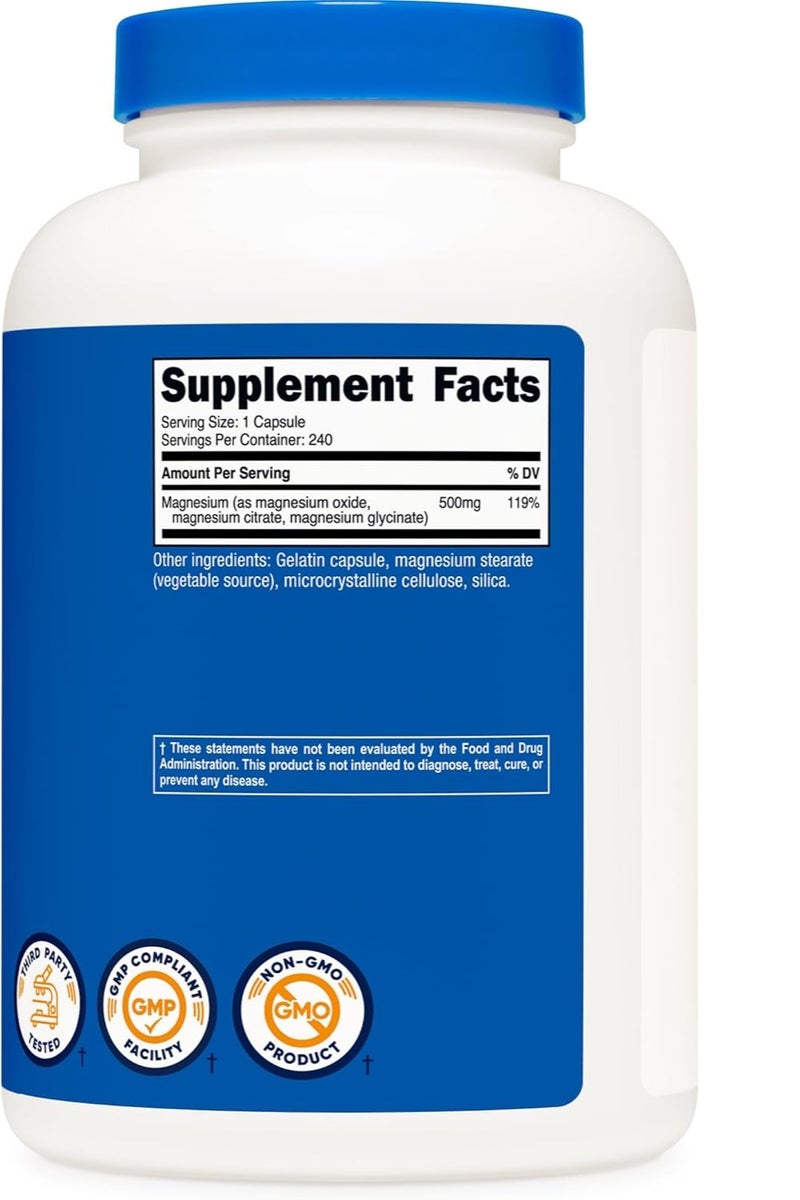 مركب المغنيسيوم، أكسيد المغنيسيوم، سترات، وجليسينات 500 ملغ، 240 كبسولة، تكفي لمدة 6 أشهر - Image 2