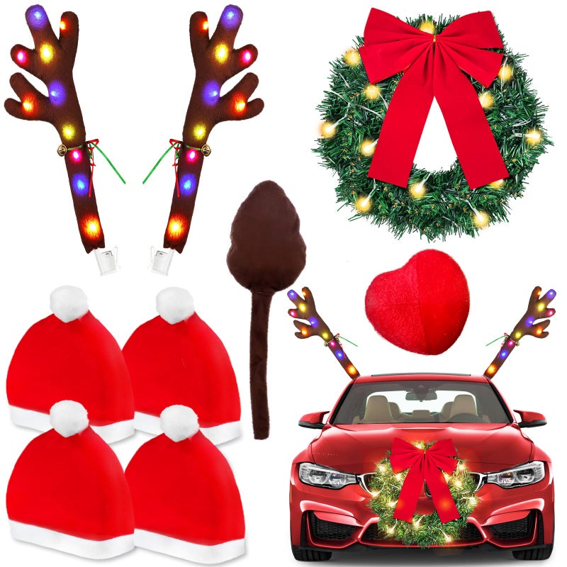YIXIN Christmas Reindeer Antlers Car Kit with LED Lights Car Santa Hat Kit Nose Tail Top Bell Christmas Wreath with LED Light Bow Christmas Decorations Car Exterior Car SUV Red9pcs