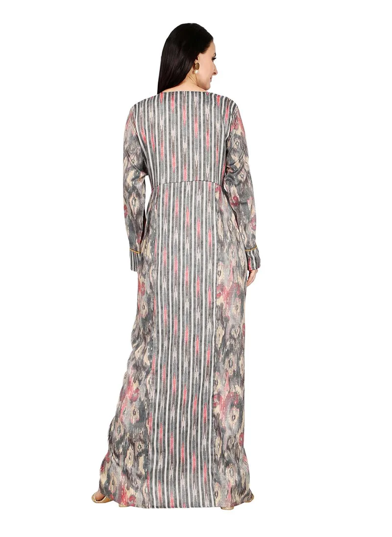 HANA & SARA ELEGANT UNIQUE PRINTED LONG SLEEVE STYLISH ARABIC KAFTAN JALABIYA DRESS