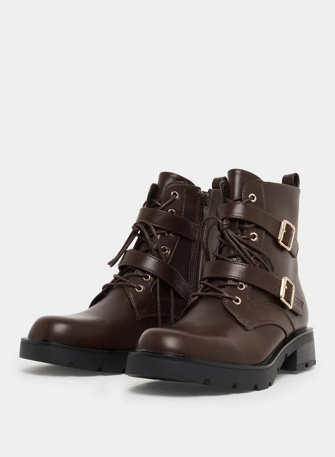 Styli Brown Buckle Ankle Boots