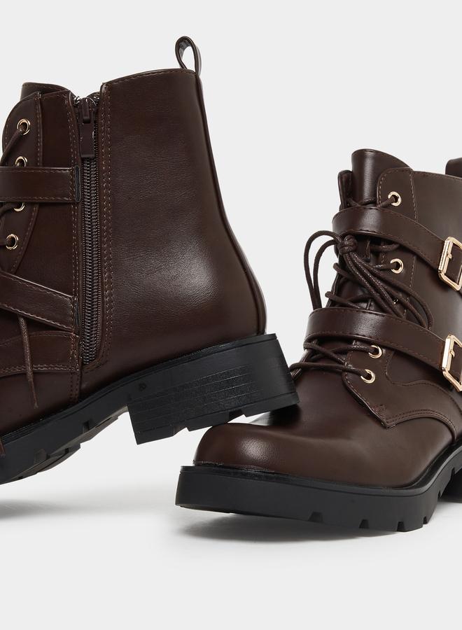 Styli Brown Buckle Ankle Boots - Image 3