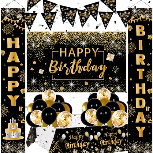 Nigifter Black and Gold Birthday Decorations for Men Women 37pcs Black and Gold Party Decorations with Backdrop Tablecloth Confetti Balloons Banner Balloon Arch Kit for Birthday Party - Image 1