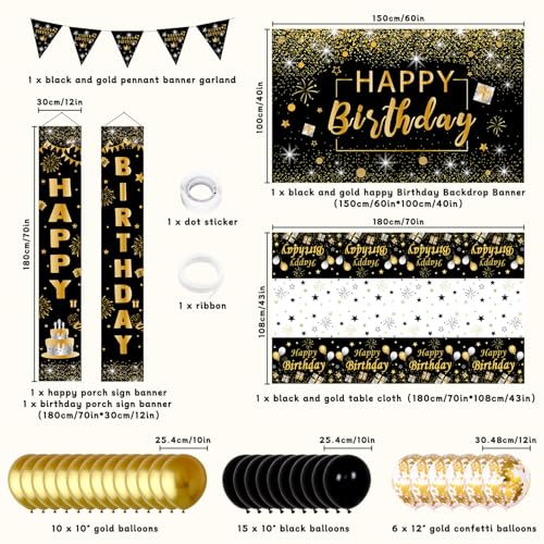 Nigifter Black and Gold Birthday Decorations for Men Women 37pcs Black and Gold Party Decorations with Backdrop Tablecloth Confetti Balloons Banner Balloon Arch Kit for Birthday Party - Image 5