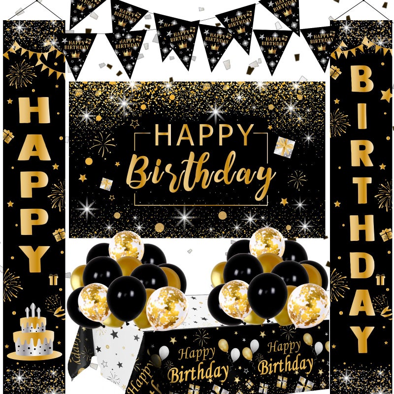 Nigifter Black and Gold Birthday Decorations for Men Women 37pcs Black and Gold Party Decorations with Backdrop Tablecloth Confetti Balloons Banner Balloon Arch Kit for Birthday Party - Image 3