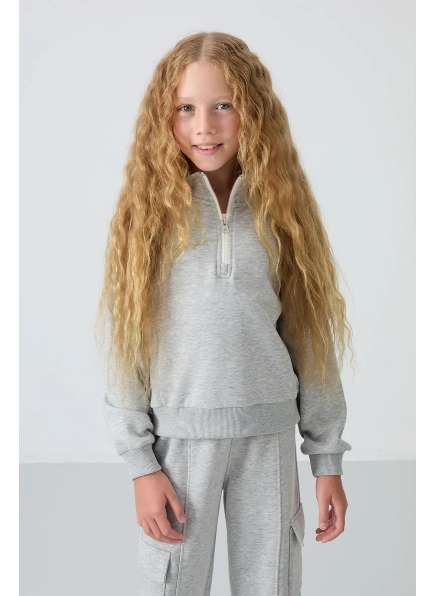 Tommy Life Gray Melange Cotton Fluffy Soft Texture Standard Fit Embroidered Girls Tracksuit - 75159