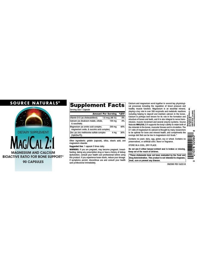 Source Naturals Mag/Cal 2:1, Magnesium and Calcium Supplement - 90 Capsules - Image 4