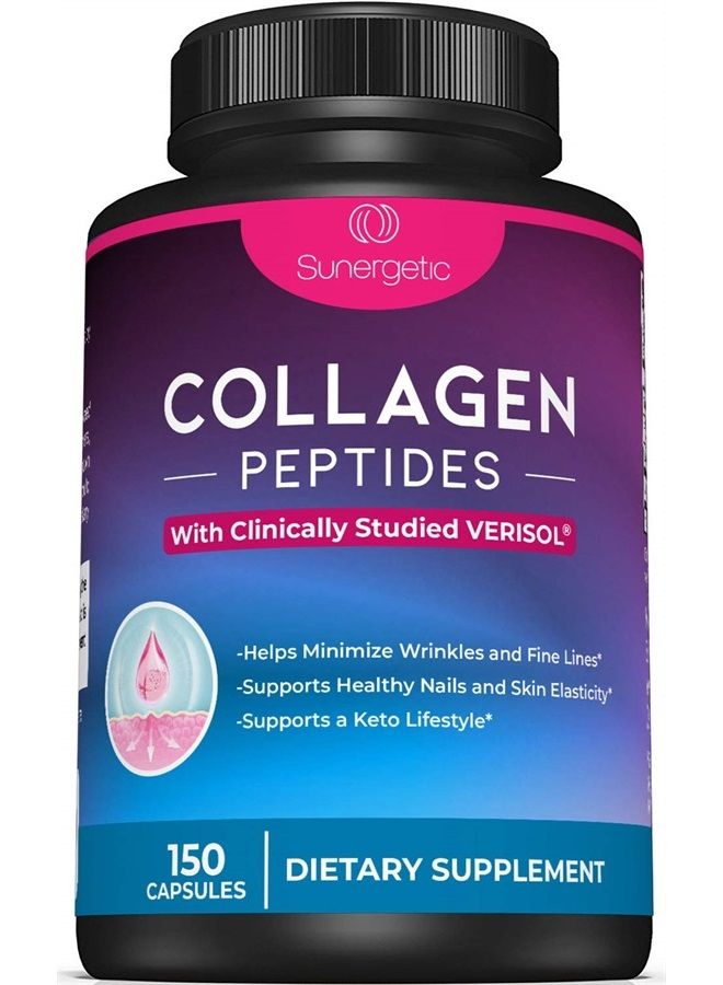Sunergetic Premium Collagen Peptides Capsules – Includes 2,500 mg of VERISOL® Collagen Peptides Type 1 & Type 3 – Multi Collagen Supplement to Support Joint Health, Hair, Skin & Nails – 150 Collagen Capsules - Image 1