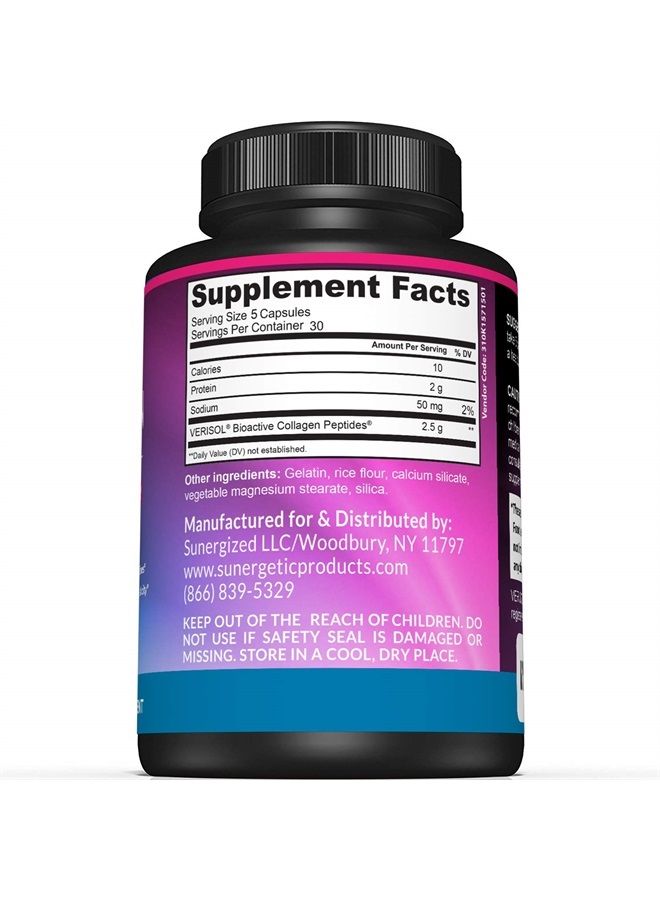 Sunergetic Premium Collagen Peptides Capsules – Includes 2,500 mg of VERISOL® Collagen Peptides Type 1 & Type 3 – Multi Collagen Supplement to Support Joint Health, Hair, Skin & Nails – 150 Collagen Capsules - Image 2