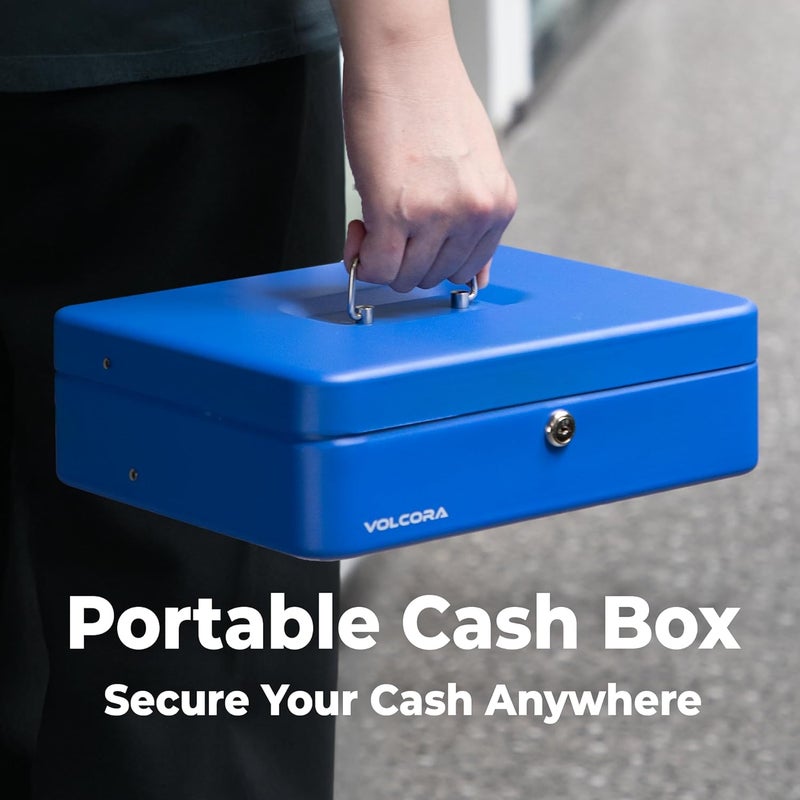 Volcora Large Cash Box with Key Lock, Metal Money Box for Cash, Portable Locking Safe Box with Money Tray, Durable Money Saving Organizer for Yard Sale, Garage Sale, Small Business, Blue - Image 5