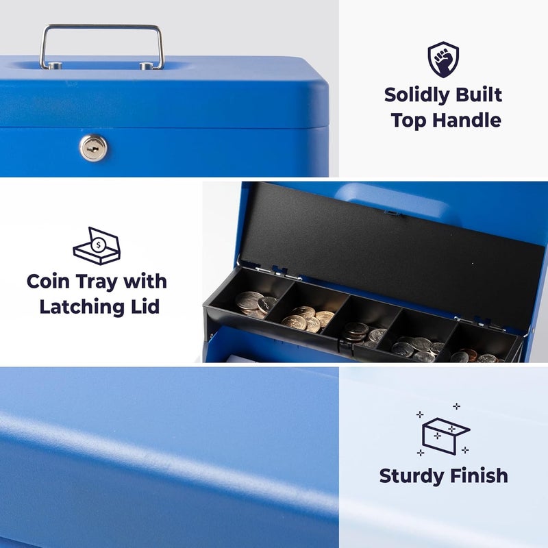 Volcora Large Cash Box with Key Lock, Metal Money Box for Cash, Portable Locking Safe Box with Money Tray, Durable Money Saving Organizer for Yard Sale, Garage Sale, Small Business, Blue - Image 2