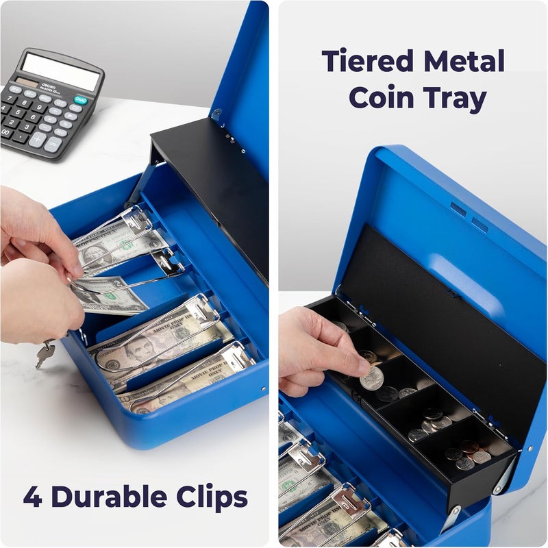 Volcora Large Cash Box with Key Lock, Metal Money Box for Cash, Portable Locking Safe Box with Money Tray, Durable Money Saving Organizer for Yard Sale, Garage Sale, Small Business, Blue - Image 4