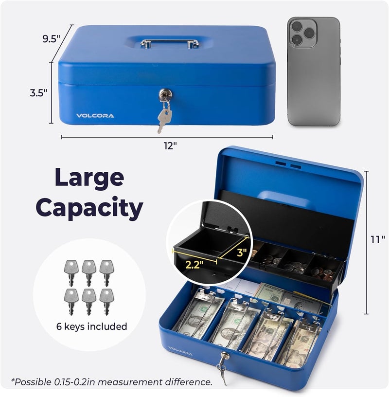 Volcora Large Cash Box with Key Lock, Metal Money Box for Cash, Portable Locking Safe Box with Money Tray, Durable Money Saving Organizer for Yard Sale, Garage Sale, Small Business, Blue - Image 3