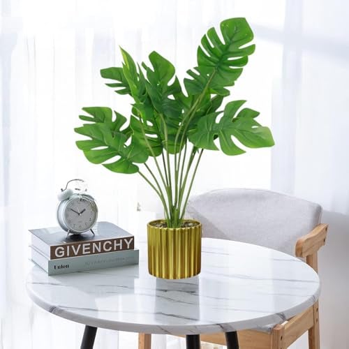 HOME ELEMENTS Plastic,Silk 1Pc Artificial Monstera Plant with Decorative Golden Pot,Fake Tropical Green 12 Leaf Realistic Faux Plants for Decoration,Living Room,Interior,Home,Office,Dimensions:8x35cm - Image 1