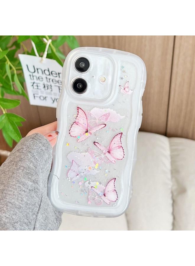 جراب هاتف هجين من مادة TPU بتصميم فراشة وايف ايدج لهاتف ايفون 16 بلس (ابيض)