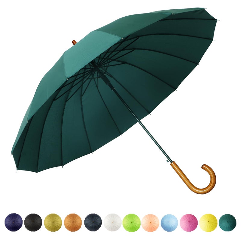 SoulRain 16 Ribs 48 Stick Umbrella Auto Open Solid Color Fashionable and SimpleArc Classic Wood HandleWindproof Unbreakable Stick Rain Umbrella Dark Green - Image 2